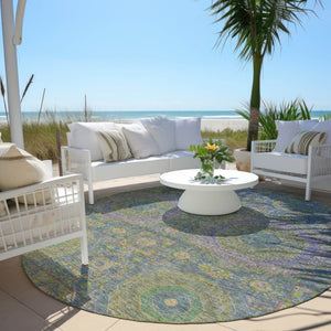 HomeRoots 8' Blue and Green Round Medallion Area Rug - Stylish, Washable, Durable for Indoor & Outdoor Use! 626004