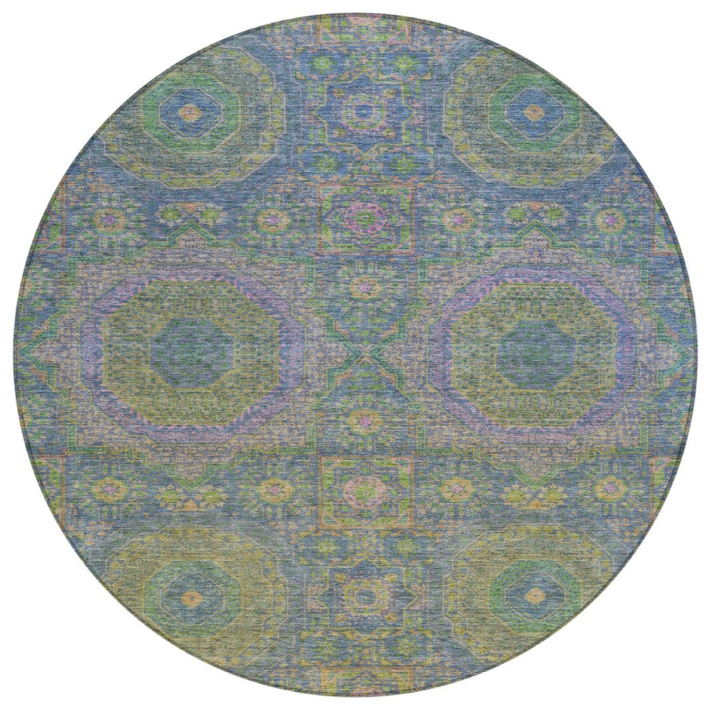 HomeRoots 8' Blue and Green Round Medallion Area Rug - Stylish, Washable, Durable for Indoor & Outdoor Use! 626004
