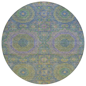 HomeRoots 8' Blue and Green Round Medallion Area Rug - Stylish, Washable, Durable for Indoor & Outdoor Use! 626004