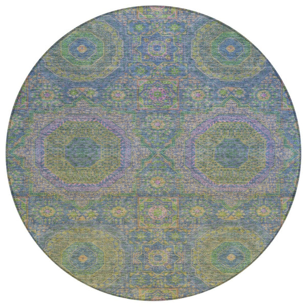 HomeRoots 8' Blue and Green Round Medallion Area Rug - Stylish, Washable, Durable for Indoor & Outdoor Use! 626004