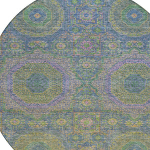 HomeRoots 8' Blue and Green Round Medallion Area Rug - Stylish, Washable, Durable for Indoor & Outdoor Use! 626004