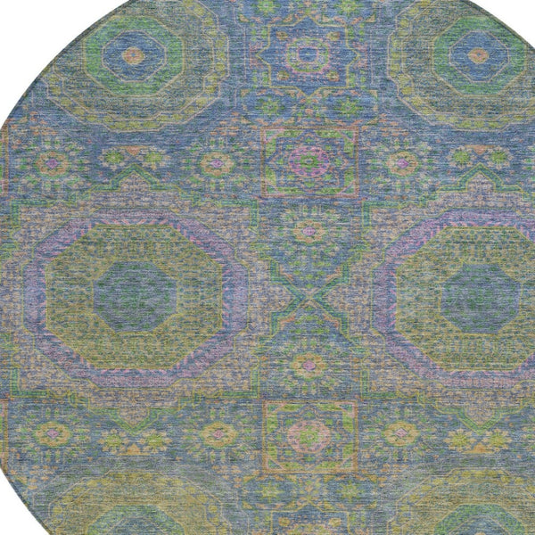 HomeRoots 8' Blue and Green Round Medallion Area Rug - Stylish, Washable, Durable for Indoor & Outdoor Use! 626004