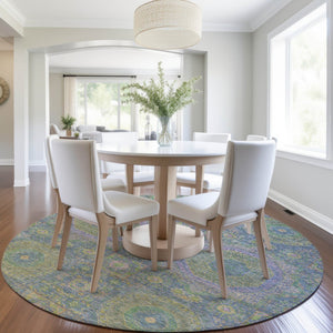 HomeRoots 8' Blue and Green Round Medallion Area Rug - Stylish, Washable, Durable for Indoor & Outdoor Use! 626004