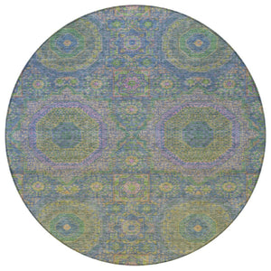 HomeRoots 8' Blue and Green Round Medallion Area Rug - Stylish, Washable, Durable for Indoor & Outdoor Use! 626004