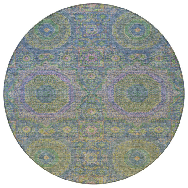 HomeRoots 8' Blue and Green Round Medallion Area Rug - Stylish, Washable, Durable for Indoor & Outdoor Use! 626004