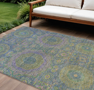 HomeRoots 10' X 14' Vibrant Blue and Green Medallion Washable Area Rug for Indoor/Outdoor High-Traffic Use 626007