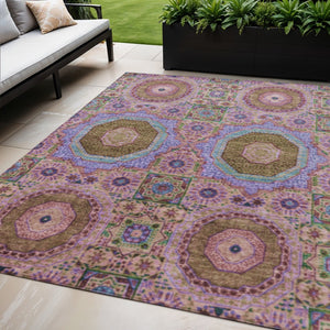 HomeRoots 5' X 8' Pink and Teal Blue Medallion Indoor/Outdoor Rug - Washable, Durable & Stylish Accent Piece 626015