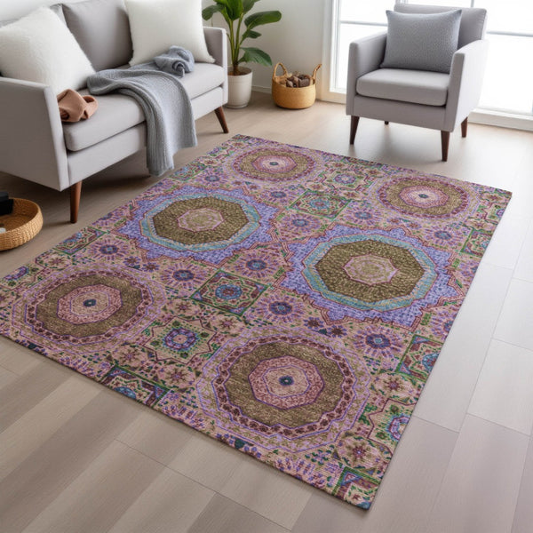 HomeRoots 5' X 8' Pink and Teal Blue Medallion Indoor/Outdoor Rug - Washable, Durable & Stylish Accent Piece 626015