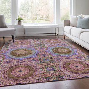 HomeRoots 5' X 8' Pink and Teal Blue Medallion Indoor/Outdoor Rug - Washable, Durable & Stylish Accent Piece 626015
