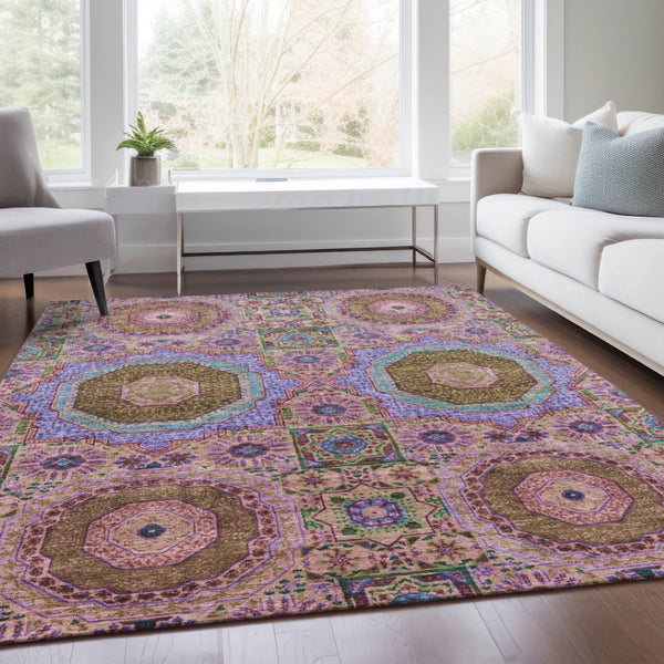 HomeRoots 5' X 8' Pink and Teal Blue Medallion Indoor/Outdoor Rug - Washable, Durable & Stylish Accent Piece 626015