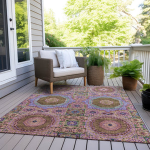 HomeRoots 5' X 8' Pink and Teal Blue Medallion Indoor/Outdoor Rug - Washable, Durable & Stylish Accent Piece 626015