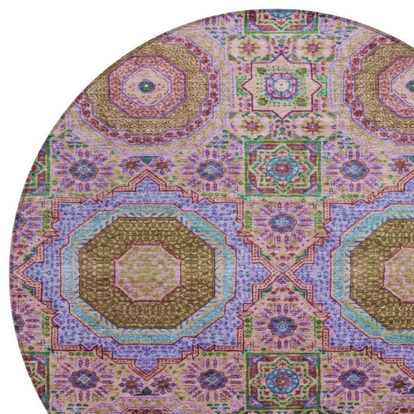 HomeRoots 8' Pink and Teal Round Medallion Rug - Washable, Stylish, Durable for Indoor & Outdoor Spaces! 626016