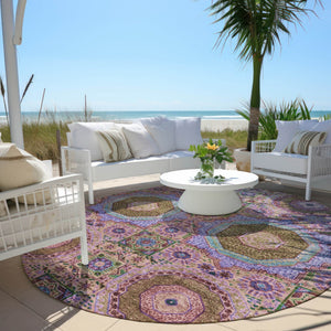 HomeRoots 8' Pink and Teal Round Medallion Rug - Washable, Stylish, Durable for Indoor & Outdoor Spaces! 626016
