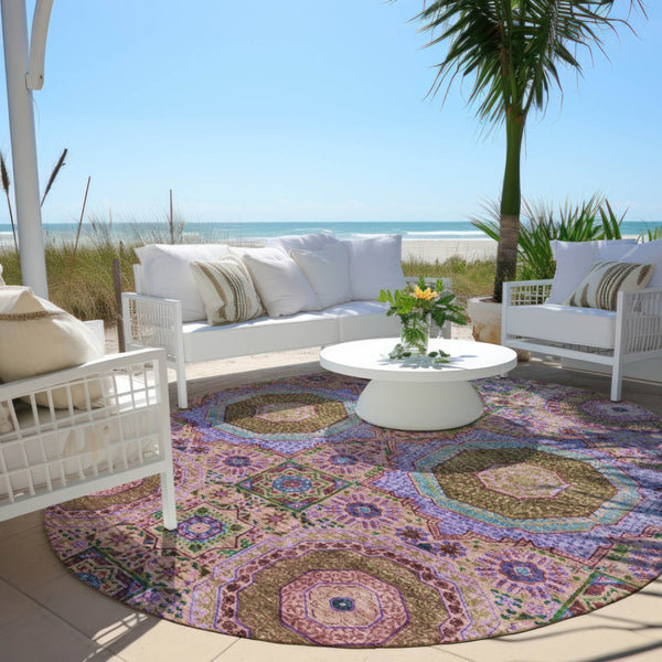 HomeRoots 8' Pink and Teal Round Medallion Rug - Washable, Stylish, Durable for Indoor & Outdoor Spaces! 626016