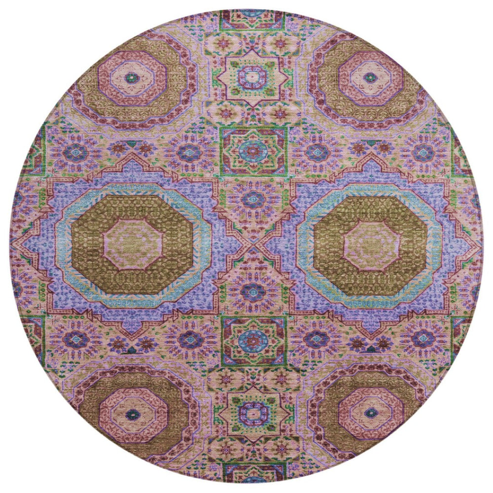 HomeRoots 8' Pink and Teal Round Medallion Rug - Washable, Stylish, Durable for Indoor & Outdoor Spaces! 626016