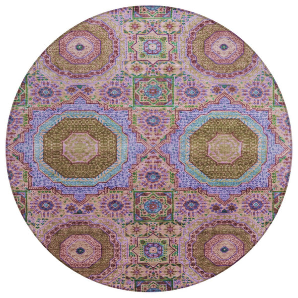 HomeRoots 8' Pink and Teal Round Medallion Rug - Washable, Stylish, Durable for Indoor & Outdoor Spaces! 626016