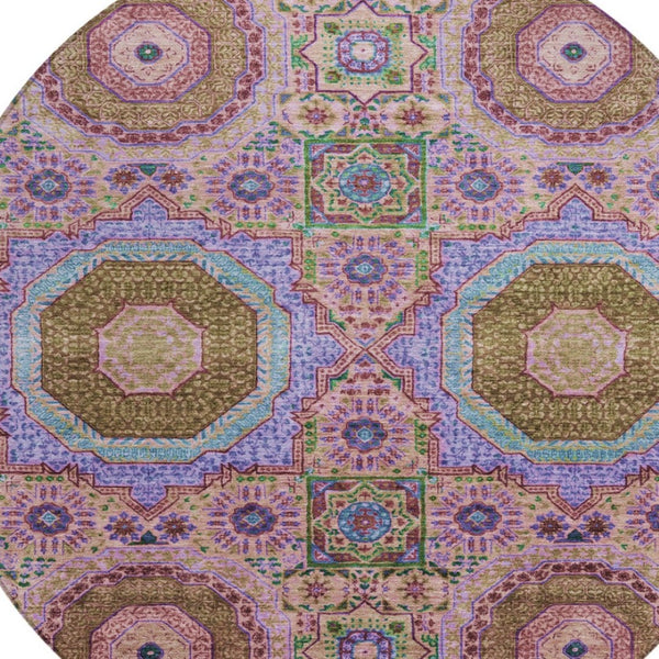 HomeRoots 8' Pink and Teal Round Medallion Rug - Washable, Stylish, Durable for Indoor & Outdoor Spaces! 626016