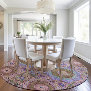 HomeRoots 8' Pink and Teal Round Medallion Rug - Washable, Stylish, Durable for Indoor & Outdoor Spaces! 626016