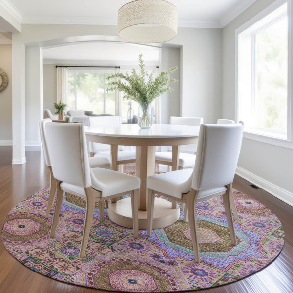 HomeRoots 8' Pink and Teal Round Medallion Rug - Washable, Stylish, Durable for Indoor & Outdoor Spaces! 626016