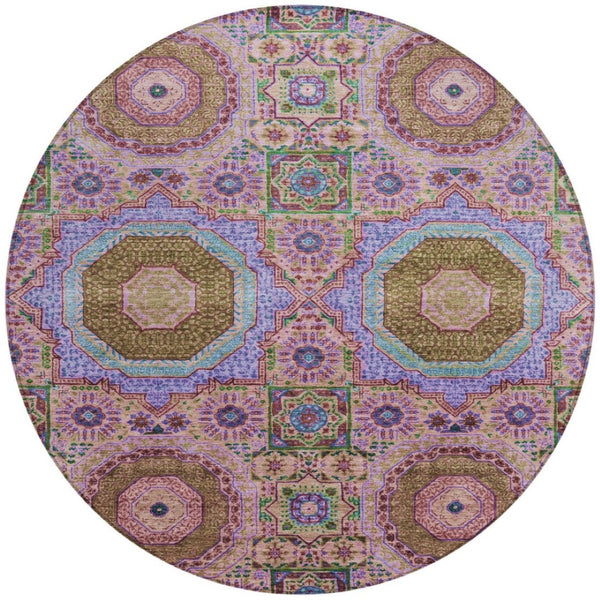 HomeRoots 8' Pink and Teal Round Medallion Rug - Washable, Stylish, Durable for Indoor & Outdoor Spaces! 626016