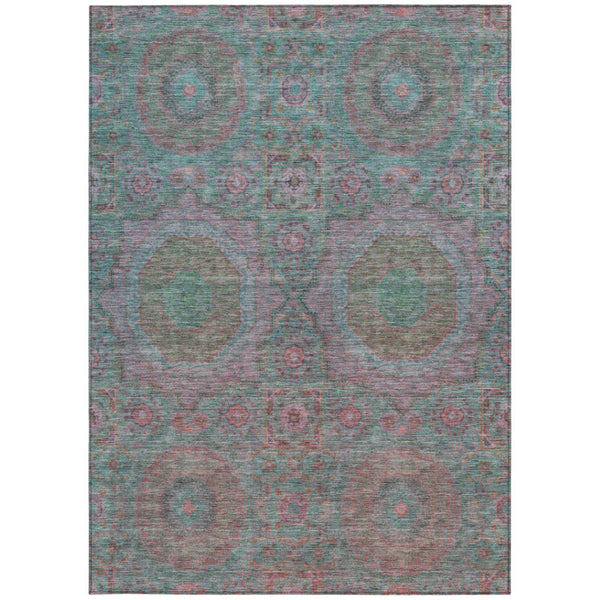 HomeRoots 5' Teal Blue & Blush Medallion Indoor-Outdoor Area Rug - Washable, Durable, Stylish for Any Space 626027