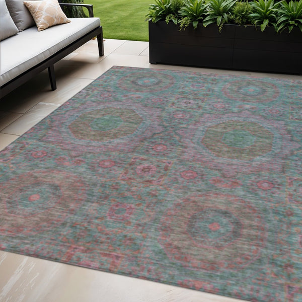 HomeRoots 5' Teal Blue & Blush Medallion Indoor-Outdoor Area Rug - Washable, Durable, Stylish for Any Space 626027