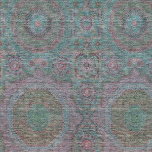 HomeRoots 5' Teal Blue & Blush Medallion Indoor-Outdoor Area Rug - Washable, Durable, Stylish for Any Space 626027