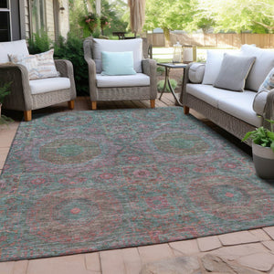 HomeRoots 5' Teal Blue & Blush Medallion Indoor-Outdoor Area Rug - Washable, Durable, Stylish for Any Space 626027
