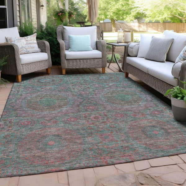 HomeRoots 5' Teal Blue & Blush Medallion Indoor-Outdoor Area Rug - Washable, Durable, Stylish for Any Space 626027