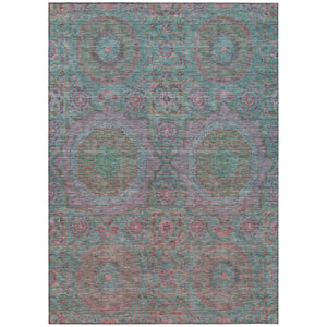 HomeRoots 5' Teal Blue & Blush Medallion Indoor-Outdoor Area Rug - Washable, Durable, Stylish for Any Space 626027
