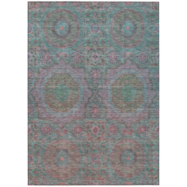 HomeRoots 5' Teal Blue & Blush Medallion Indoor-Outdoor Area Rug - Washable, Durable, Stylish for Any Space 626027