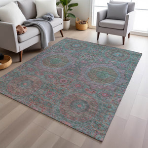 HomeRoots 5' Teal Blue & Blush Medallion Indoor-Outdoor Area Rug - Washable, Durable, Stylish for Any Space 626027