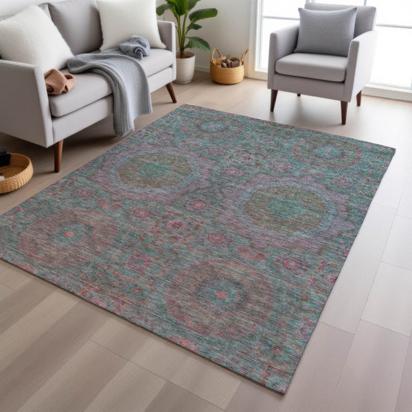 HomeRoots 5' Teal Blue & Blush Medallion Indoor-Outdoor Area Rug - Washable, Durable, Stylish for Any Space 626027