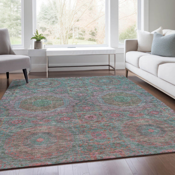 HomeRoots 5' Teal Blue & Blush Medallion Indoor-Outdoor Area Rug - Washable, Durable, Stylish for Any Space 626027