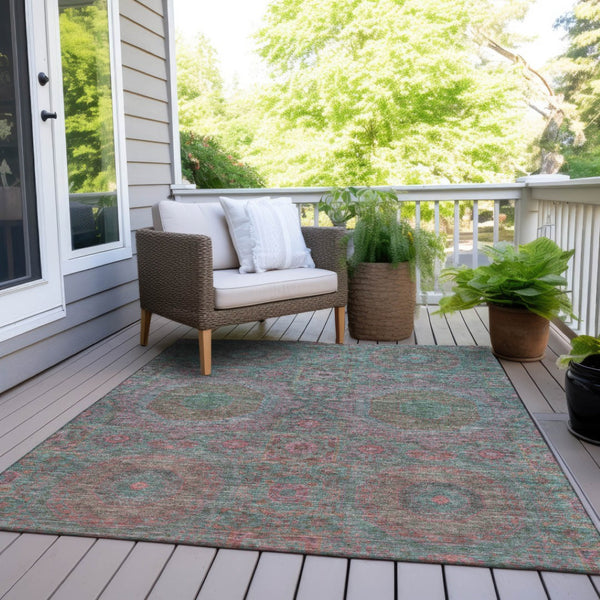 HomeRoots 5' Teal Blue & Blush Medallion Indoor-Outdoor Area Rug - Washable, Durable, Stylish for Any Space 626027