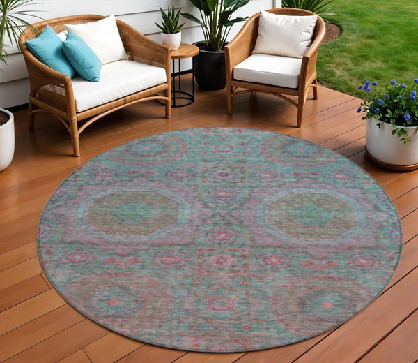 HomeRoots 8' Teal Blue & Blush Round Medallion Rug - Durable, Washable Design for Indoor/Outdoor Spaces 626028
