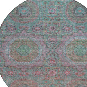 HomeRoots 8' Teal Blue & Blush Round Medallion Rug - Durable, Washable Design for Indoor/Outdoor Spaces 626028