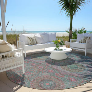 HomeRoots 8' Teal Blue & Blush Round Medallion Rug - Durable, Washable Design for Indoor/Outdoor Spaces 626028