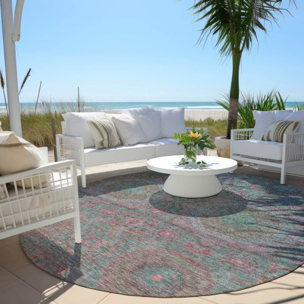HomeRoots 8' Teal Blue & Blush Round Medallion Rug - Durable, Washable Design for Indoor/Outdoor Spaces 626028