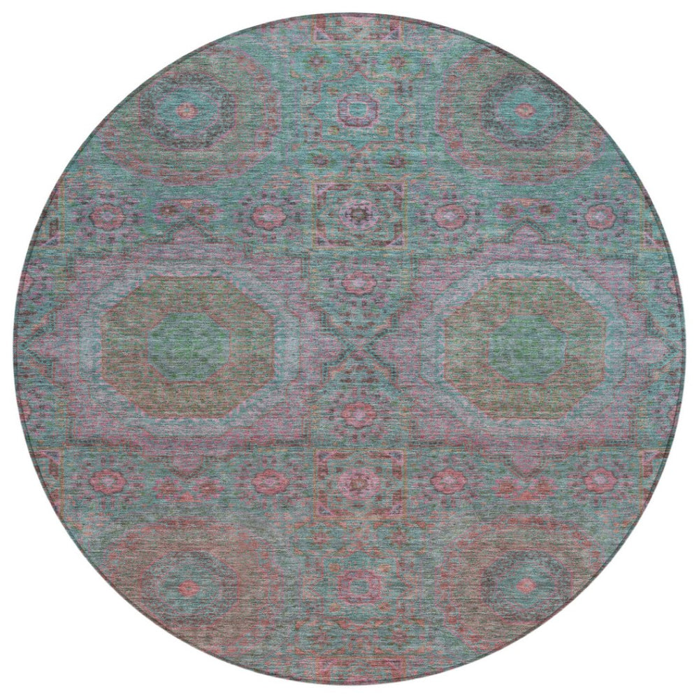 HomeRoots 8' Teal Blue & Blush Round Medallion Rug - Durable, Washable Design for Indoor/Outdoor Spaces 626028