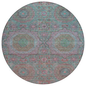 HomeRoots 8' Teal Blue & Blush Round Medallion Rug - Durable, Washable Design for Indoor/Outdoor Spaces 626028