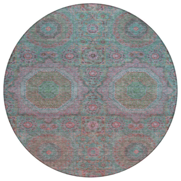 HomeRoots 8' Teal Blue & Blush Round Medallion Rug - Durable, Washable Design for Indoor/Outdoor Spaces 626028