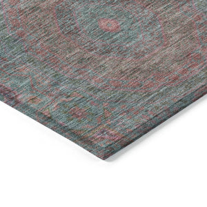 HomeRoots 8' Teal Blue & Blush Round Medallion Rug - Durable, Washable Design for Indoor/Outdoor Spaces 626028