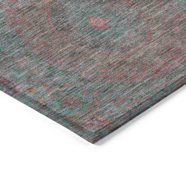 HomeRoots 8' Teal Blue & Blush Round Medallion Rug - Durable, Washable Design for Indoor/Outdoor Spaces 626028