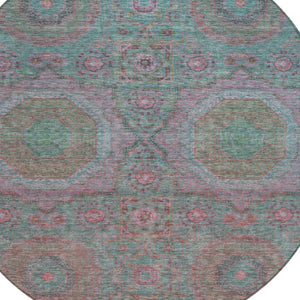 HomeRoots 8' Teal Blue & Blush Round Medallion Rug - Durable, Washable Design for Indoor/Outdoor Spaces 626028