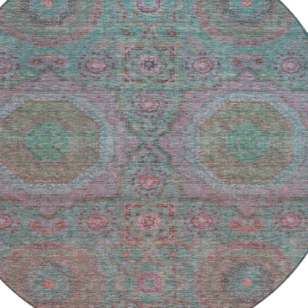 HomeRoots 8' Teal Blue & Blush Round Medallion Rug - Durable, Washable Design for Indoor/Outdoor Spaces 626028