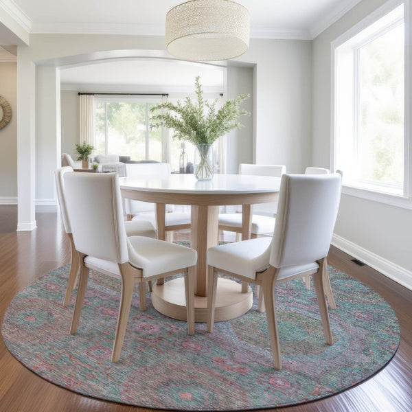 HomeRoots 8' Teal Blue & Blush Round Medallion Rug - Durable, Washable Design for Indoor/Outdoor Spaces 626028
