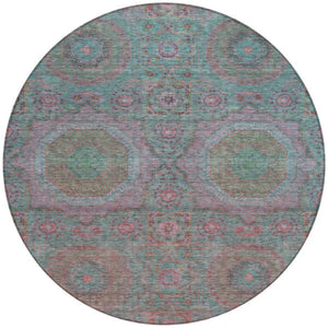 HomeRoots 8' Teal Blue & Blush Round Medallion Rug - Durable, Washable Design for Indoor/Outdoor Spaces 626028