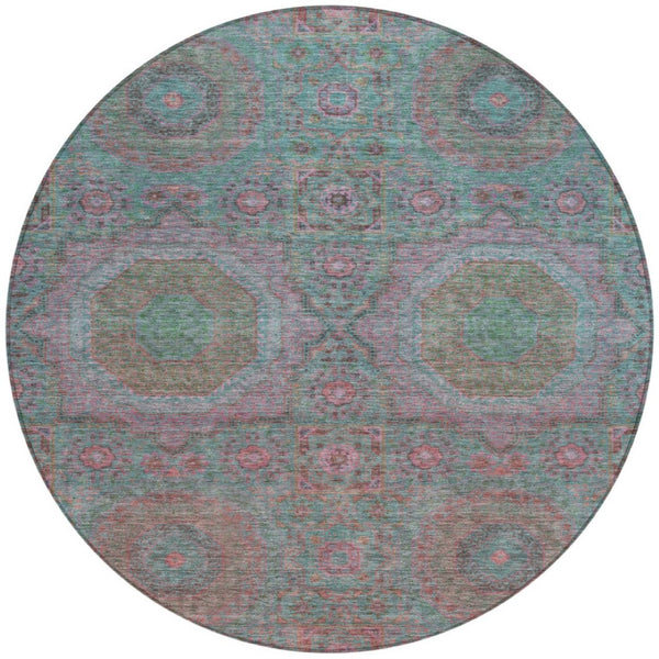 HomeRoots 8' Teal Blue & Blush Round Medallion Rug - Durable, Washable Design for Indoor/Outdoor Spaces 626028