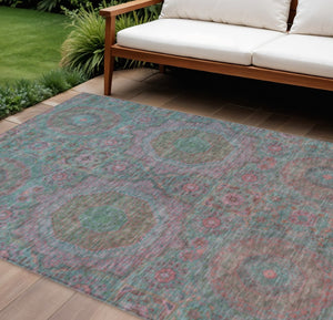 HomeRoots 10' Teal Blue & Blush Medallion Washable Area Rug – Stylish, Durable Indoor/Outdoor Solution! 626031